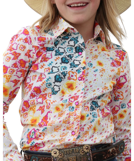 Closer View Of The Multicolored Geometric Print, Pink Rhinestone Snaps, And Western Yokes
