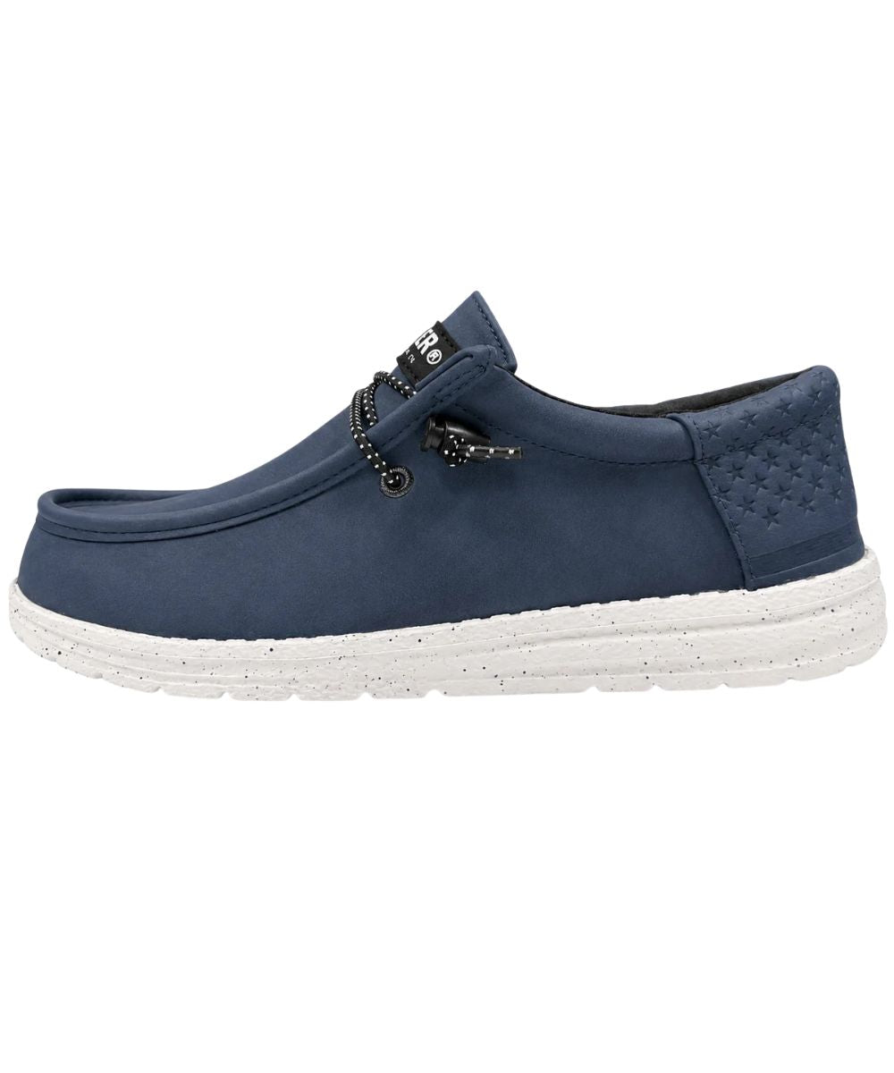 Left side view of the men's charcoal blue casual slip-on shoe featuring the elastic adjustable laces