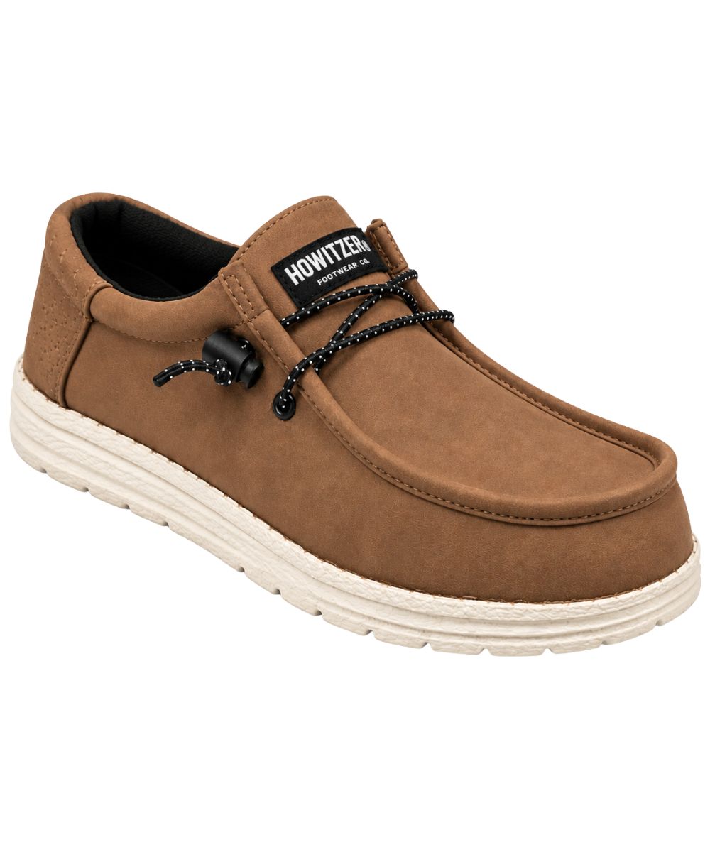 Right angled view of the men's dark brown Howitzer Casual Shoe featuring the slip-on entry with adjustable elastic laces