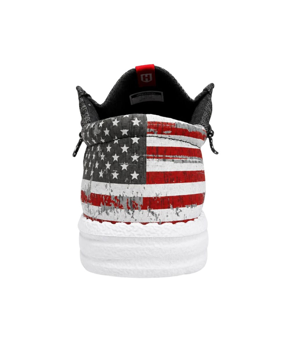 Heel view of the contrast American Flag printed heel, featuring the flat and flexible sole