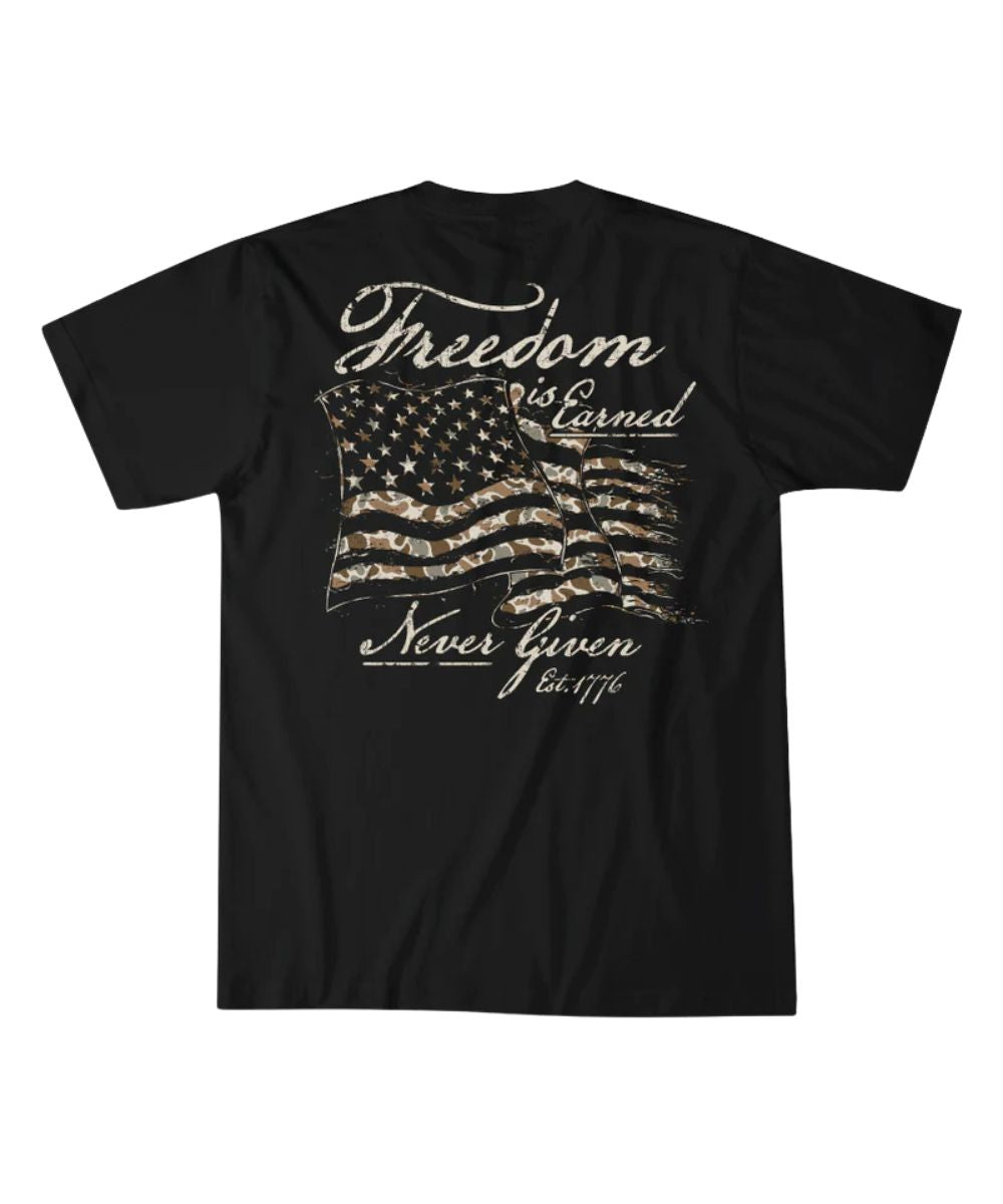 Back view of the men's black graphic tee featuring a large screen printed camo flag on the back