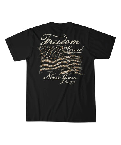 Back view of the men's black graphic tee featuring a large screen printed camo flag on the back