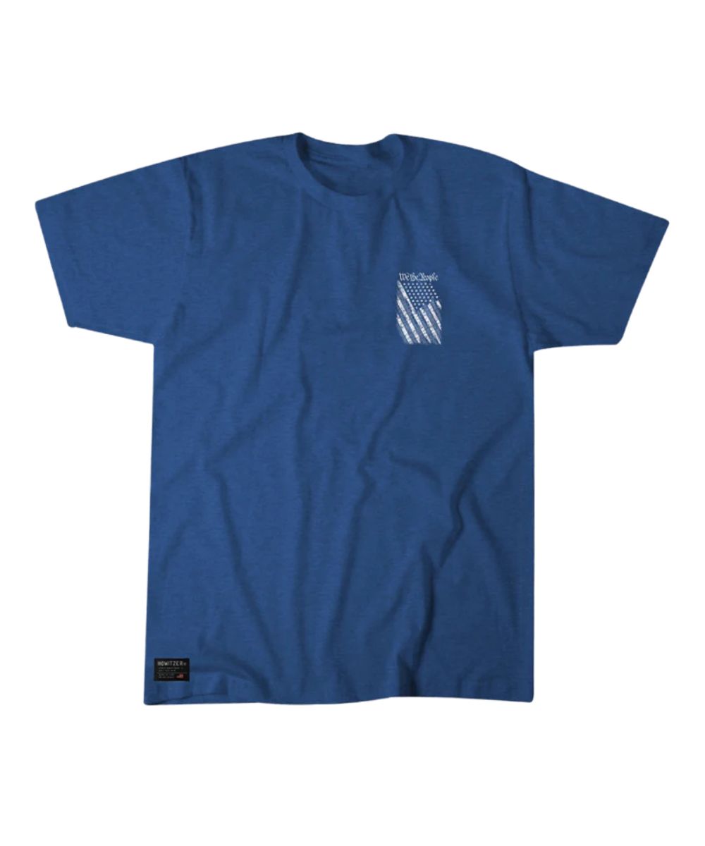 Front view of the men's electric blue heather graphic tee featuring a small screen print on the front left chest