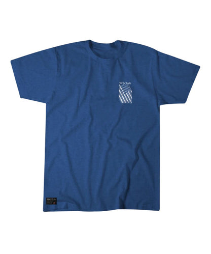 Front view of the men's electric blue heather graphic tee featuring a small screen print on the front left chest