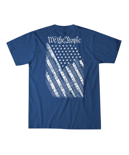 Back view of the men's electric blue heather tee featuring an American Flag graphic on the back