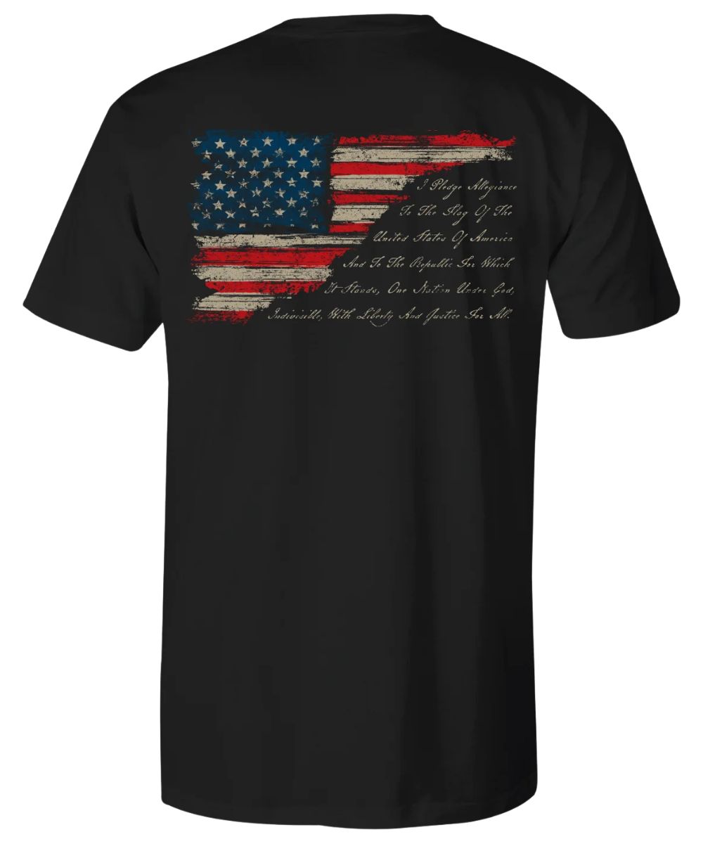 Back view of the men's black Howitzer Tee featuring the distressed American Flag screen-printed on the back with the Pledge Of Allegiance in cursive script