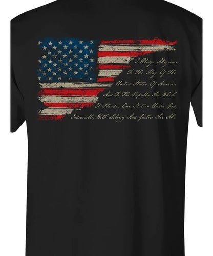 Close-up view of the American Flag with the Pledge Of Allegiance cursive script graphic on the back