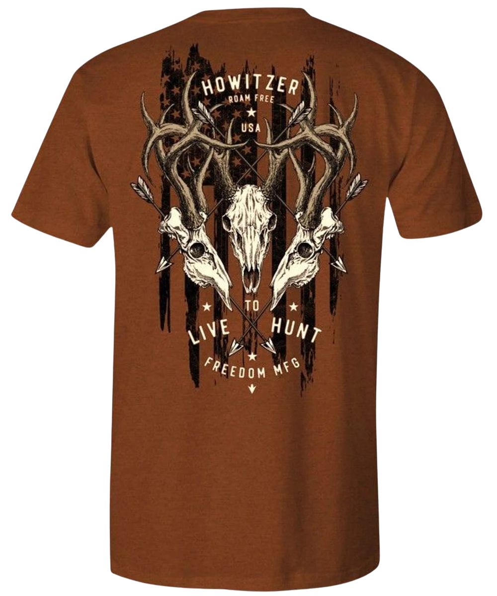 Back view of the men's rust Howitzer Tee featuring the triple deer skulls graphic on the back that reads: "Live To Hunt" with distressed American Flag in the background