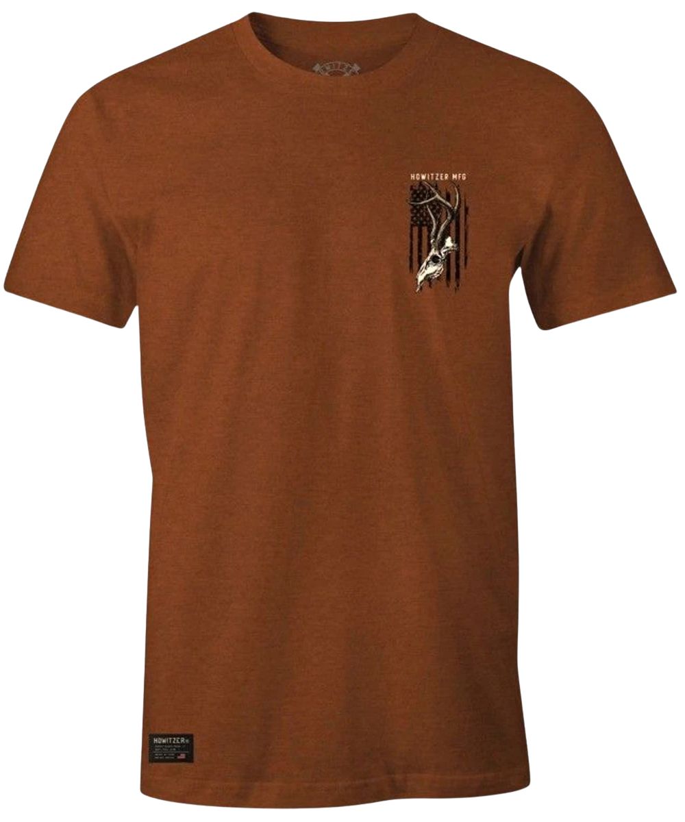 Front view of the men's rust colored short sleeve crew neck graphic tee featuring the small logo screen printed at the upper left chest