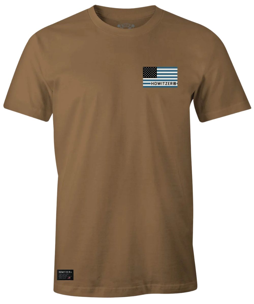 Front view of the men's brown graphic tee featuring the small American Flag screen printed at the left chest, Howitzer label at the hem, crew neck, and a tagless neck label
