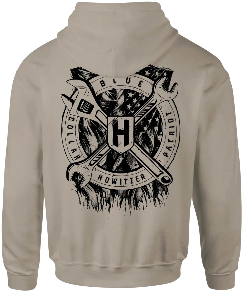 Back view of the men's aluminum/light grey colored Howitzer hoodie featuring the black screen-printed graphic with crossed wrenches, an American Flag, and the words "Howitzer Blue Collar Patriot"