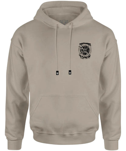 Front view of the men's light grey hoodie featuring the hooded collar with drawstring, tagless neck label, kangaroo pocket, and the black small logo screen-printed at the left chest