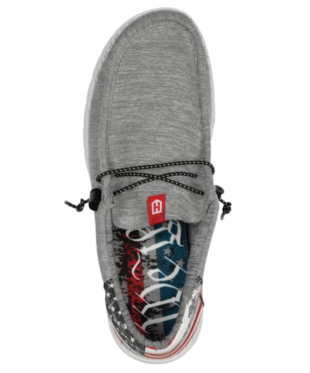 Birdseye view of the men's grey casual shoe featuring the round moc toe and removable "We The People" insole