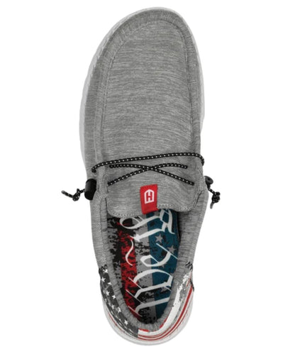 Birdseye view of the men's grey casual shoe featuring the round moc toe and removable "We The People" insole