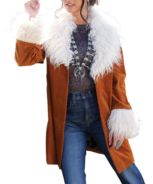 Front view of the women's brown 3/4 length corduroy coat in a casual setting featuring the open front design and faux fur trim