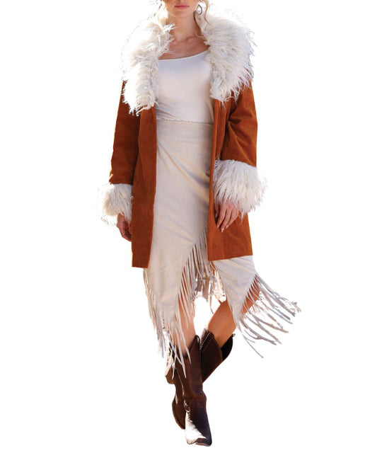 Front view of the women's brown Cruel Girl corduroy coat in a dress wear setting featuring the open front and white faux fur trim on the cuffs and neckline