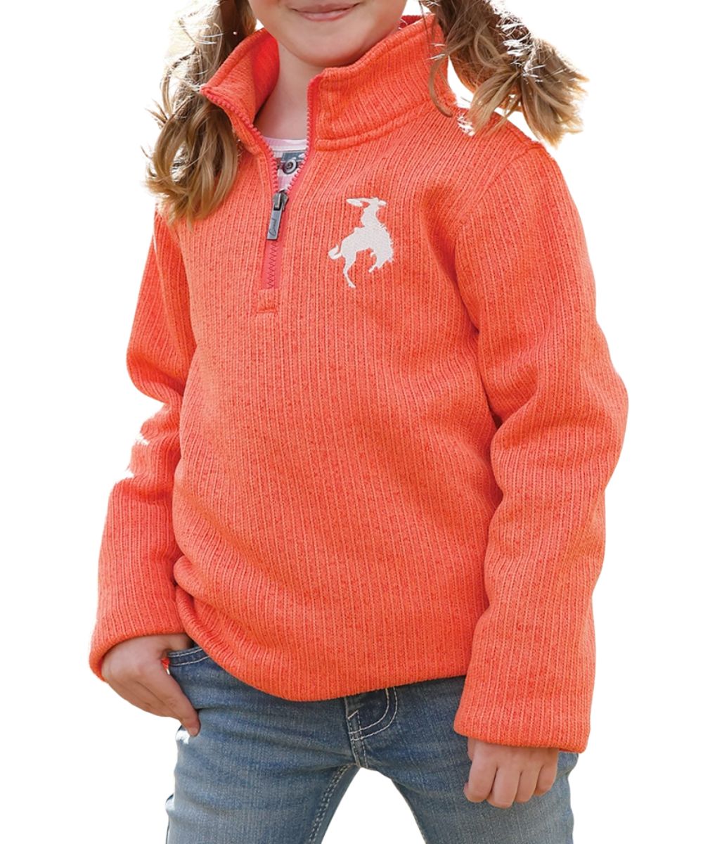 Front view of the girl's coral Cruel Girl long sleeve 1/4 zip sweater knit pullover featuring the mock neck and logo embroidery at the left chest