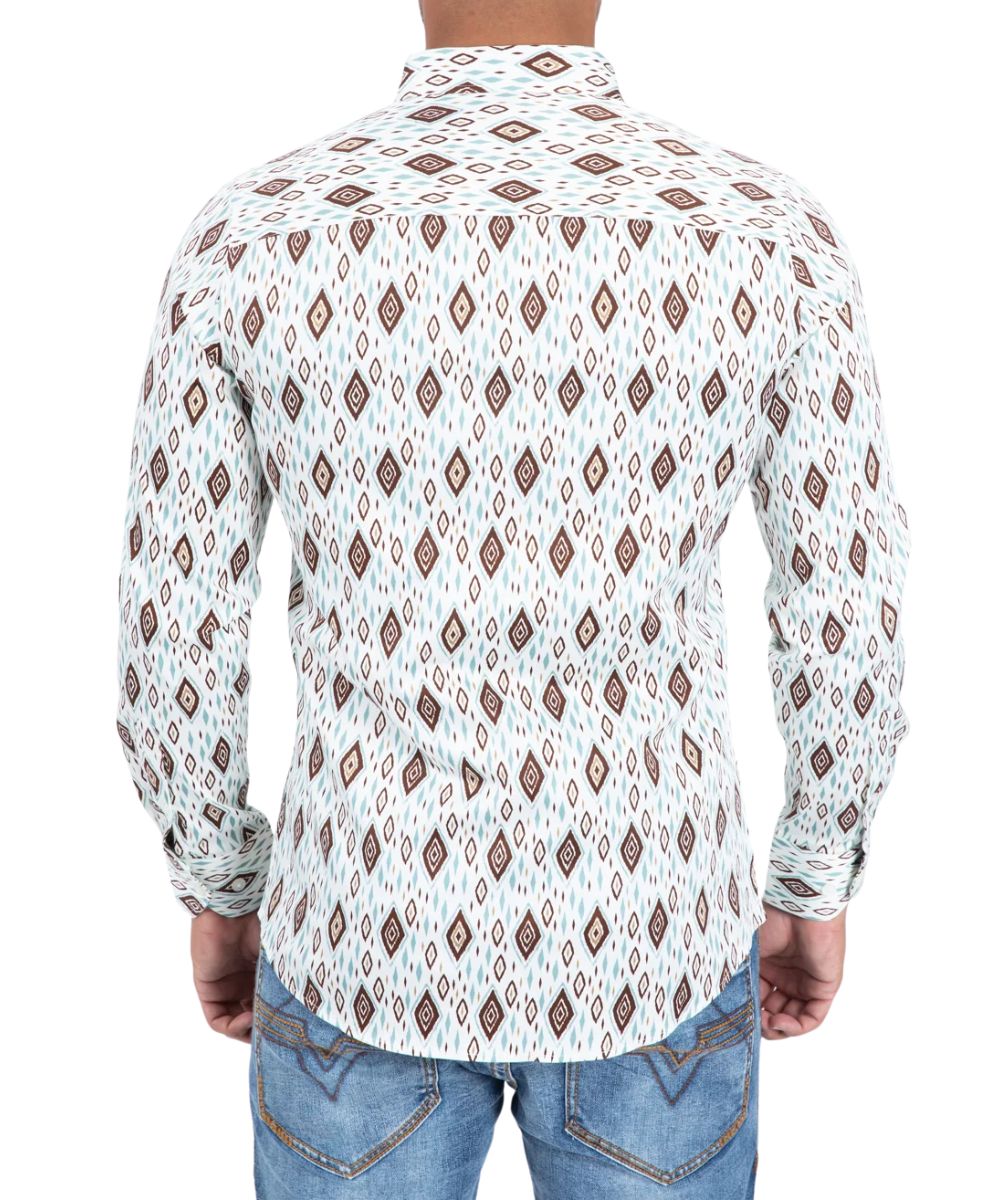 Back view of the men's white long sleeve button down shirt featuring the modern fit and straight back yoke