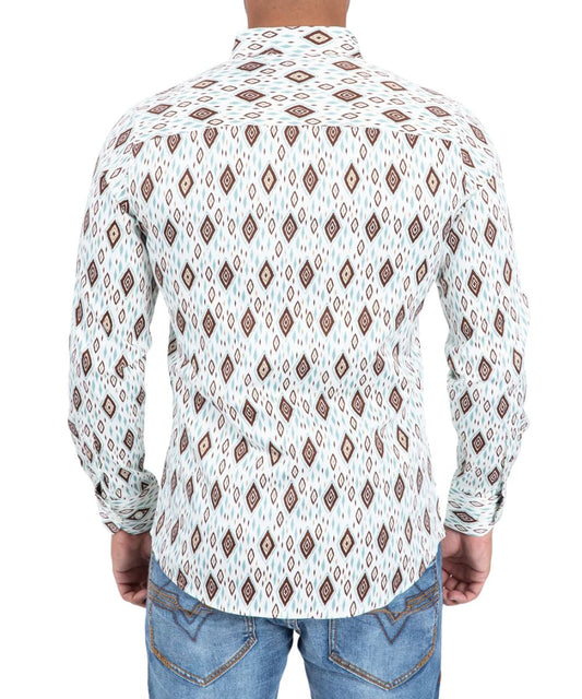 Back view of the men's white long sleeve button down shirt featuring the modern fit and straight back yoke