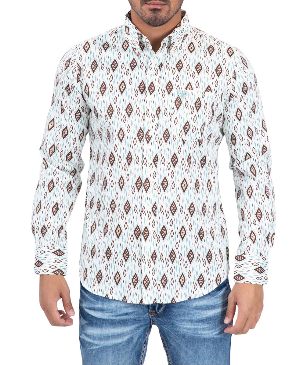 Front view of the men's white Platini long sleeve button down shirt featuring the white buttons, chest pocket, and diamond geometric print