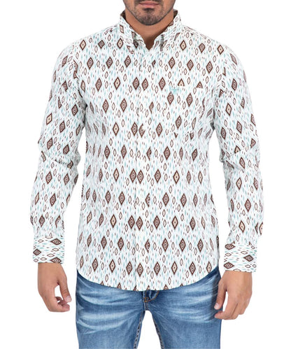 Front view of the men's white Platini long sleeve button down shirt featuring the white buttons, chest pocket, and diamond geometric print