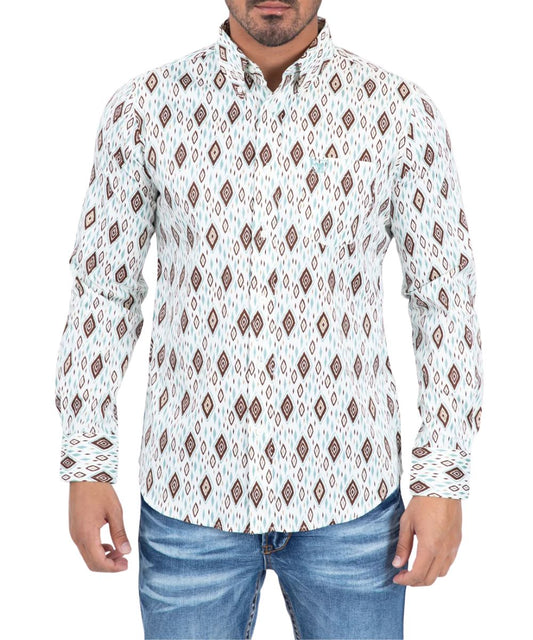 Front view of the men's white Platini long sleeve button down shirt featuring the white buttons, chest pocket, and diamond geometric print