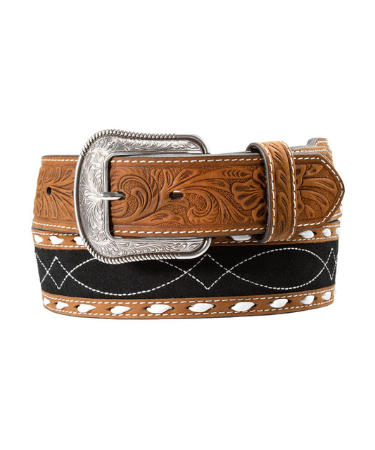 Men's Brown Tapered Leather Belt With A Black Roughout Leather Inlay Featuring A Boot Stitch Design