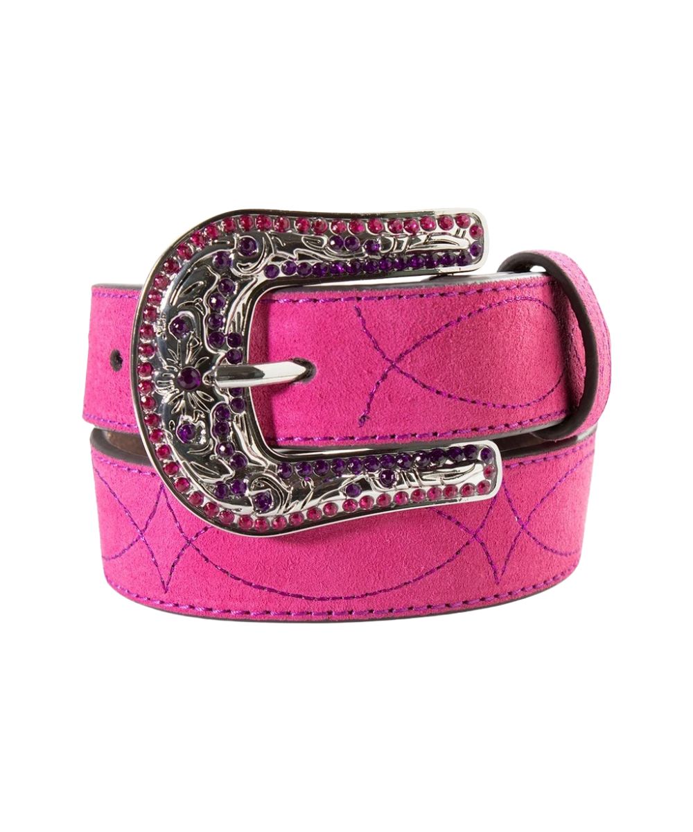 Rolled girl's hot pink roughout leather belt with purple boot stitch design and crystal-accented silver-tone buckle