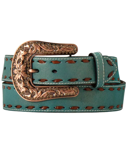 Women's Turquoise Leather Belt With Chocolate Buck Laced Edges And A Copper Glitter Belt Buckle