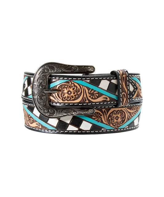 Side view of the women's leather checkerboard belt featuring turquoise accents and floral tooling