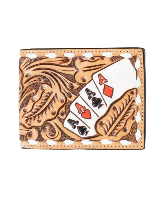 Men's Brown Leather Bifold Wallet Featuring Floral And 4 Aces Tooling