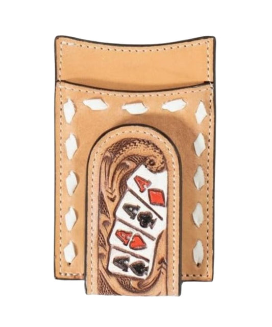 Men's Leather Money Clip Wallet With 4 Ace Cards Tooling