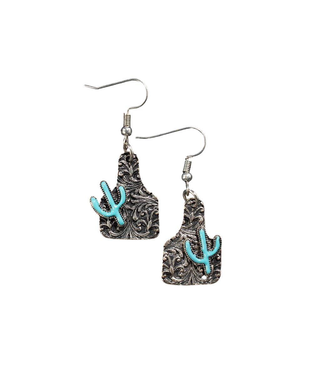 Women's Silver Ear Tag Shaped Dangle Earrings With Turquoise Cactus Overlay
