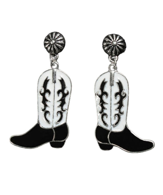 Women's Black And White Boot Shaped Dangle Post Earrings