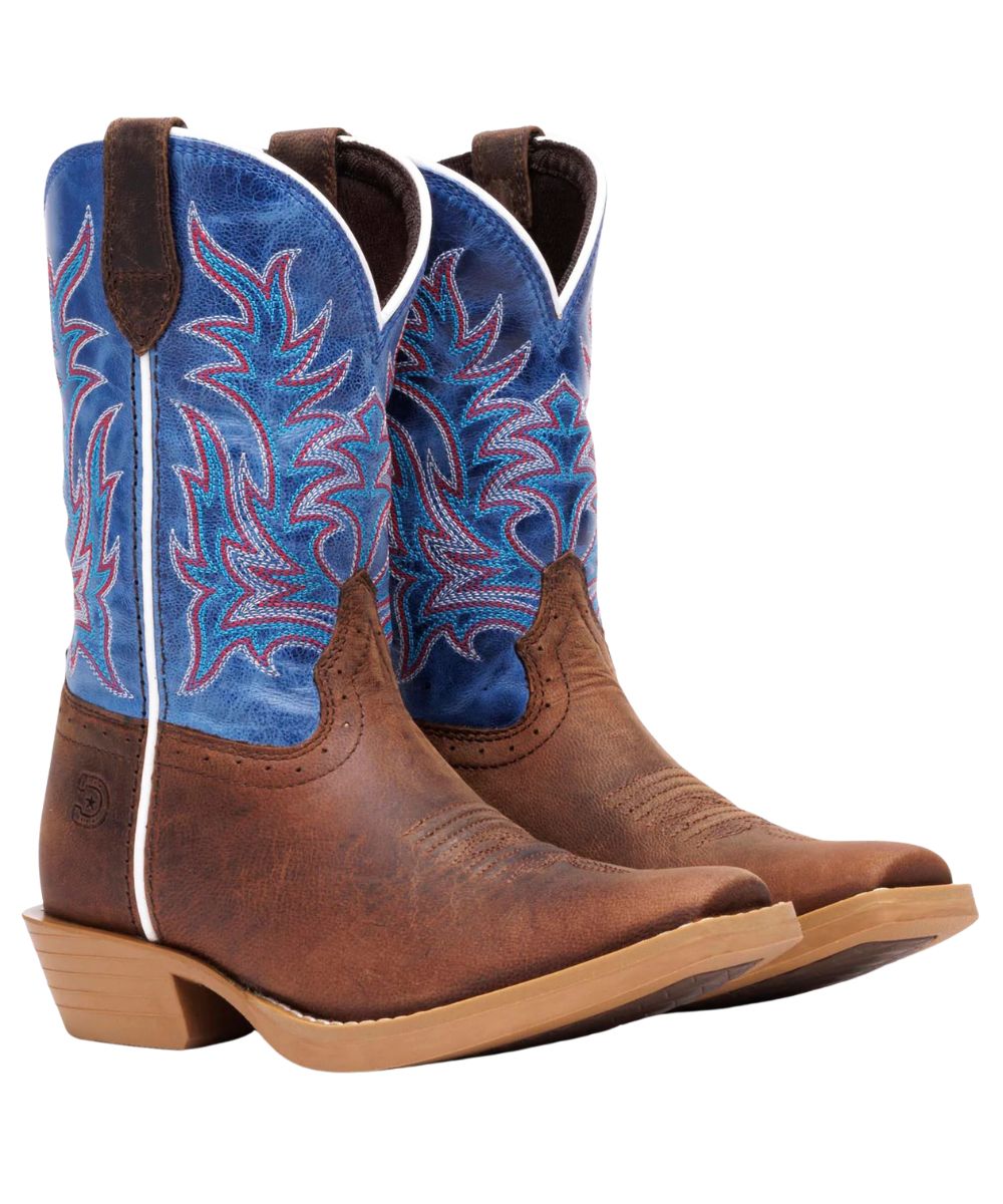 Unisex Youth Leather Western Boot With A Brown Vamp And Blue Shaft