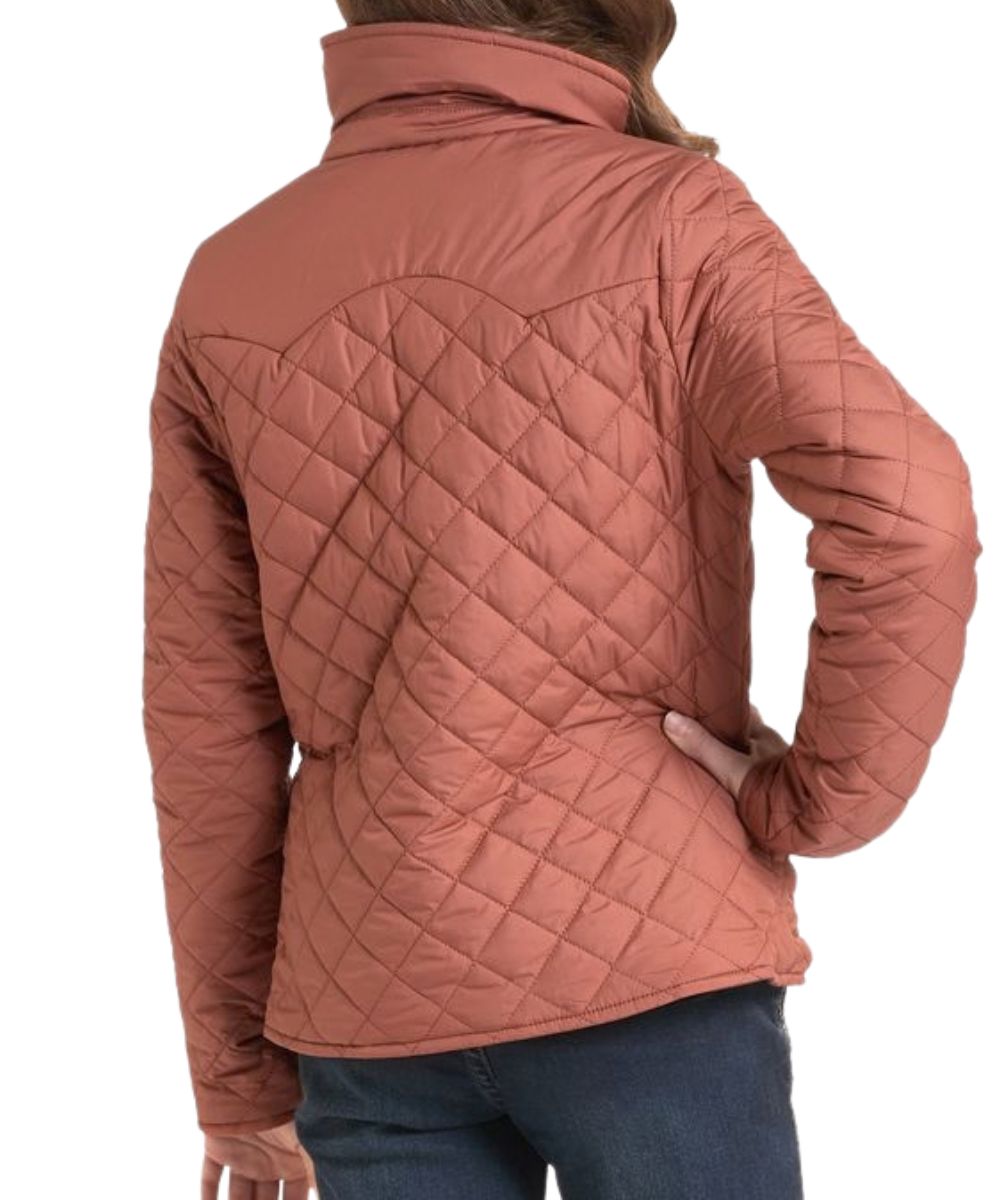 Back view of the girl's camel puffer jacket featuring the mock collar and double pointed back yoke