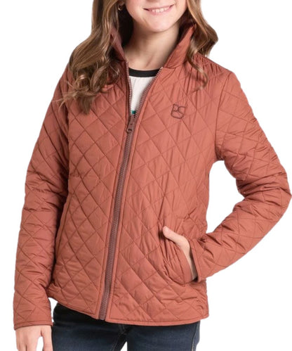 Front view of the girl's camel quilted reversible puffer jacket by Panhandle Slim featuring the zip-up closure, mock collar, and hand pockets