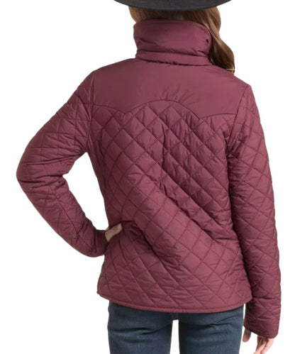 Back view of the girl's wine puffer jacket featuring the mock collar and double pointed back yoke
