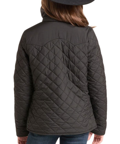 Back view of the girl's black quilted jacket reversed from the wine jacket featuring the double pointed back yoke