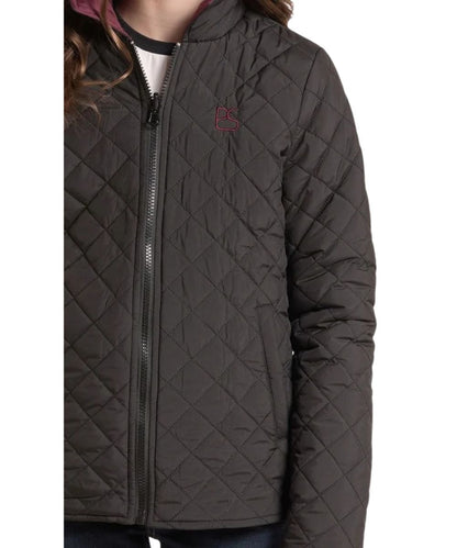 Close-up view of the black reversed side featuring the logo embroidery at the left chest