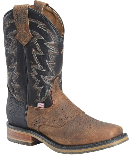 Side angled view of Men's Double H Laidlaw Roper Boot. Distressed brown leather vamp, black leather shaft with tan and white stitching, pull tabs, and oil-and-slip resistant outsole. Proudly made in the USA with global parts.