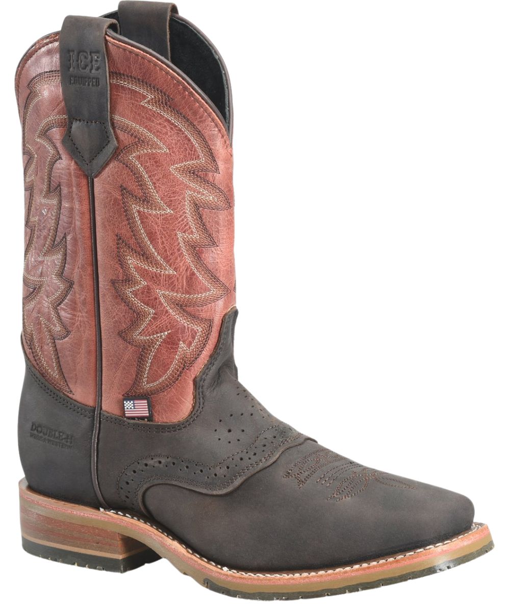 Right angled view of the men's 11" roper union western boot featuring a dark chocolate vamp and rust distressed leather shaft