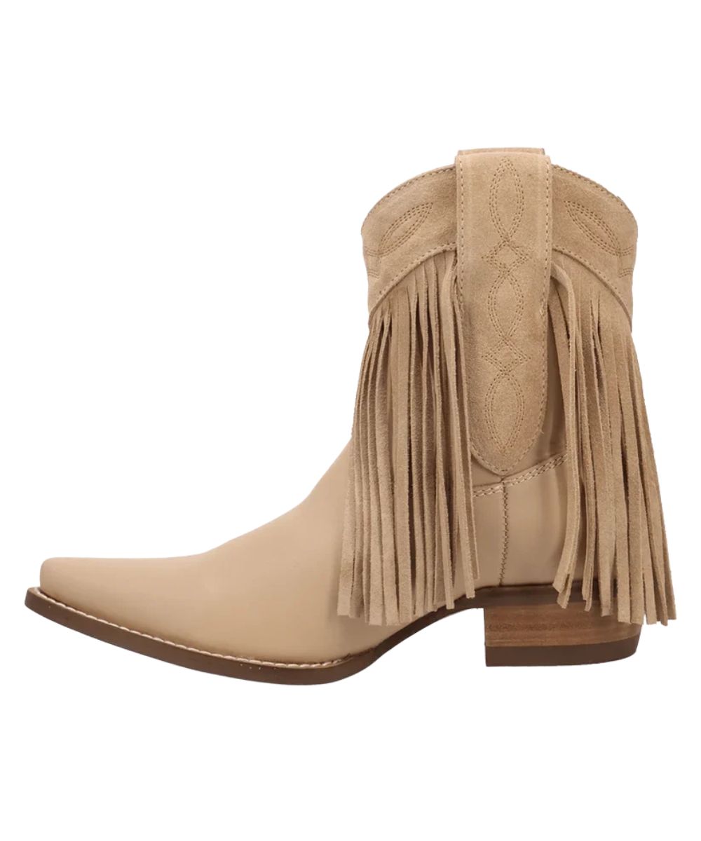 Left side view of the women's sand leather bootie featuring the 7" shaft, pull tabs, and flowing fringe