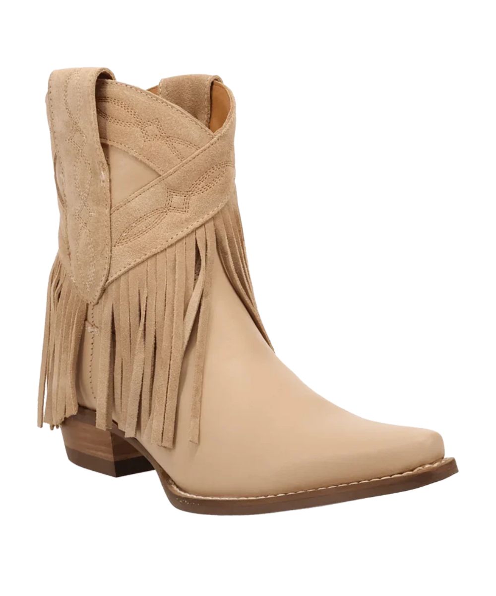 Right angled view of the women's Dingo Last Ride Sand Leather Bootie featuring the suede crisscross collar with western stitch design