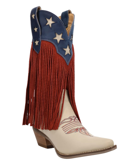 Women's Patriotic Boot Featuring Red Leather Fringe, White Vamp, And Blue Collar With White Star Inlays