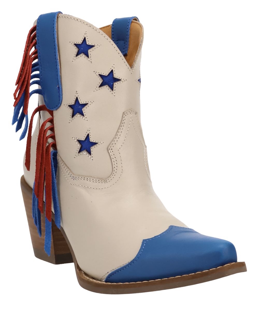 Women's White 7" Leather Bootie Featuring Red/Blue Side Fringe And Blue Star Inlays