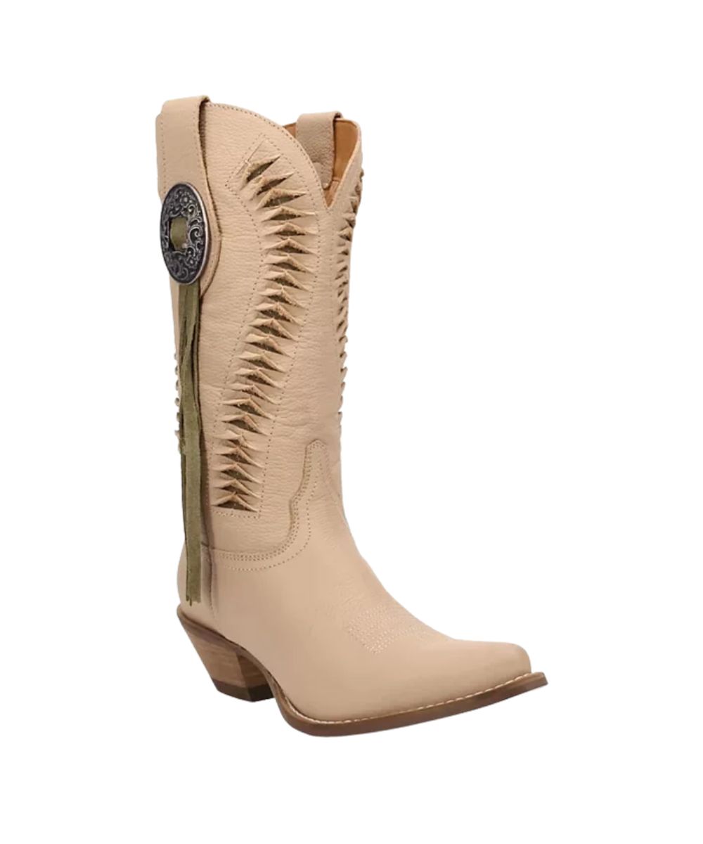 Beige women's boot with ribbed detailing, a silver metal concho, and a tassel