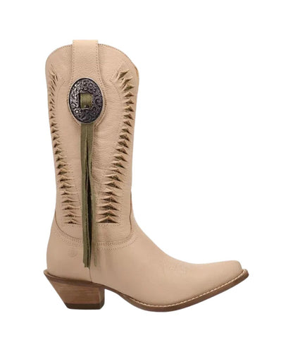 Beige women's boot with ribbed detailing, a silver metal concho, and a tassel