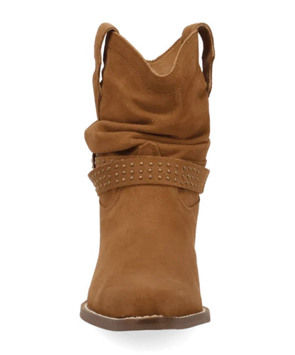 Front view of the women's brown fashion bootie featuring the slouchy shaft, studded buckle strap, and a snip toe