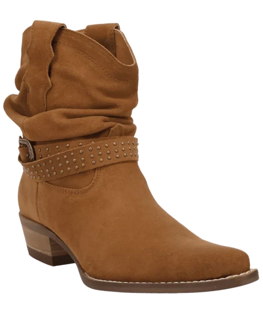 Right angled view of the women's brown Dingo suede leather fashion bootie featuring the 7" slouchy shaft, studded buckle strap, pull tabs, and a snip toe